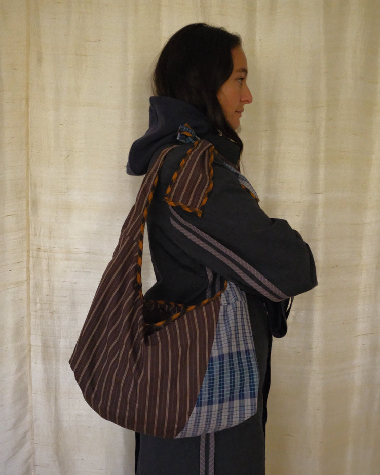 Brown pinstripe and blue hand loom Bow Bag