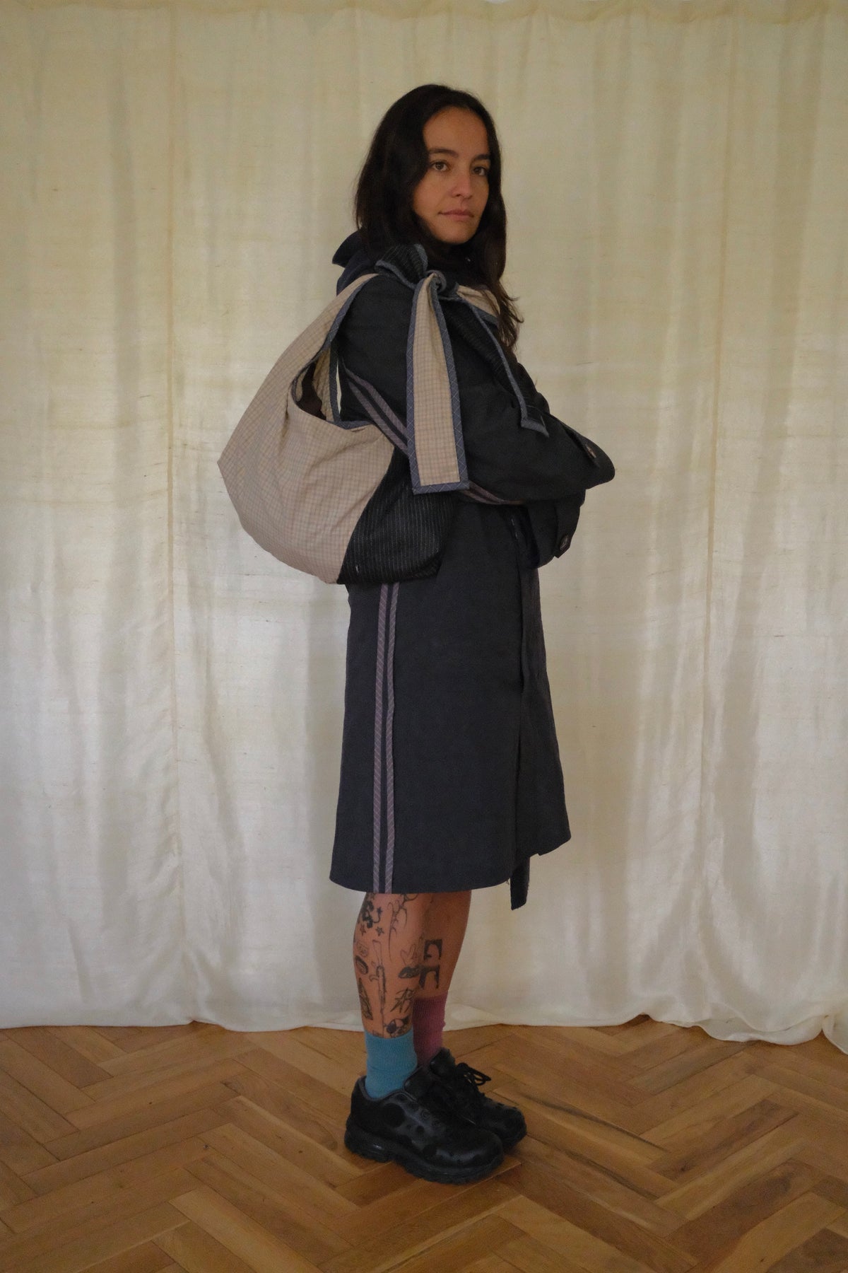 Denim and cream check Bow Bag