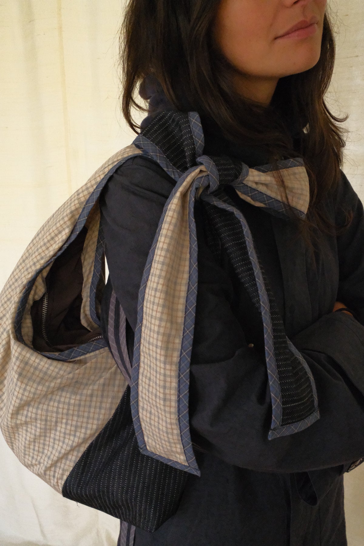 Denim and cream check Bow Bag