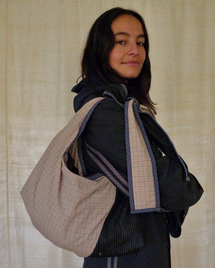 Denim and cream check Bow Bag