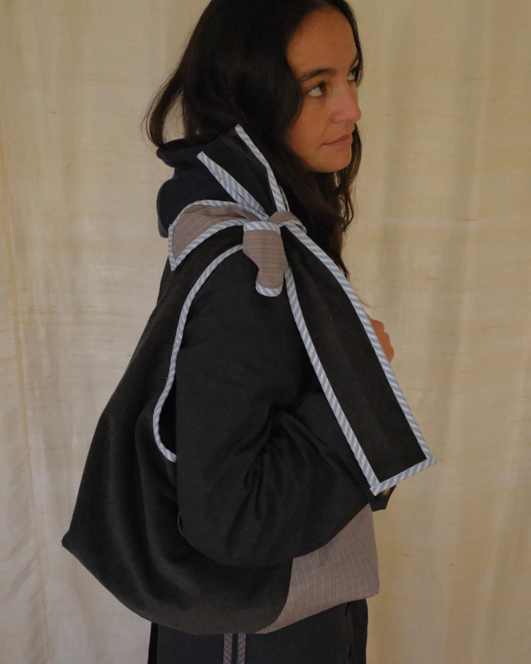 Grey corduroy and check Bow Bag