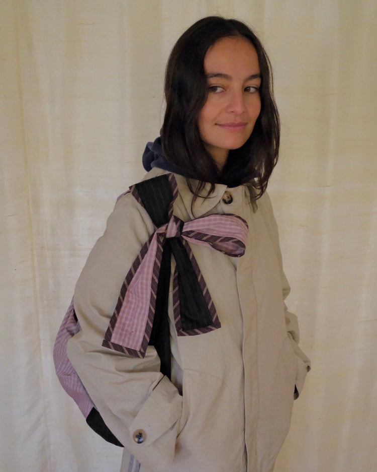 Grey pinstripe and pink check Bow Bag