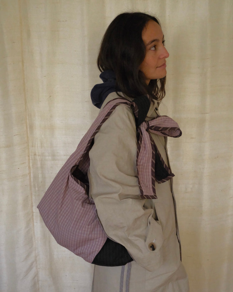 Grey pinstripe and pink check Bow Bag