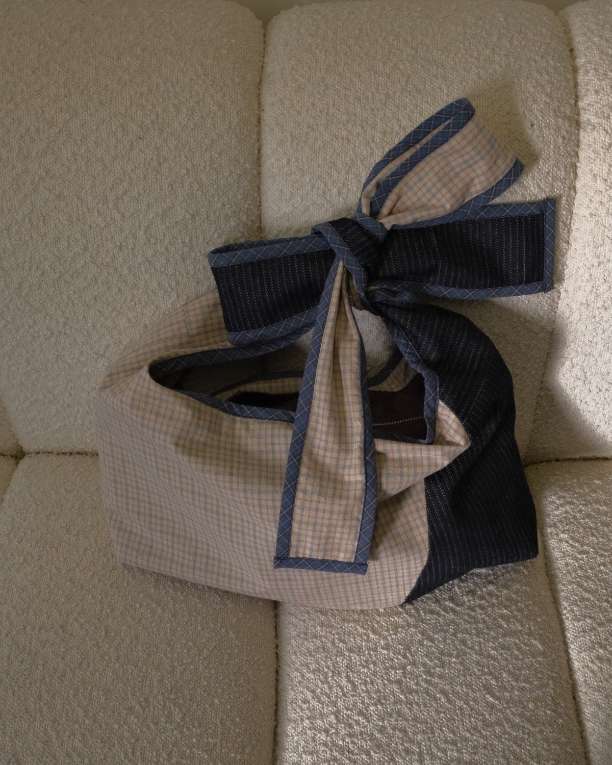 Denim and cream check Bow Bag