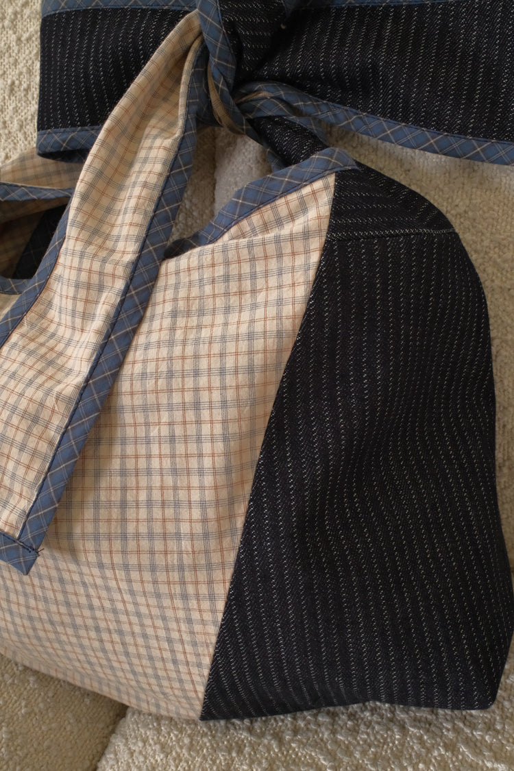 Denim and cream check Bow Bag