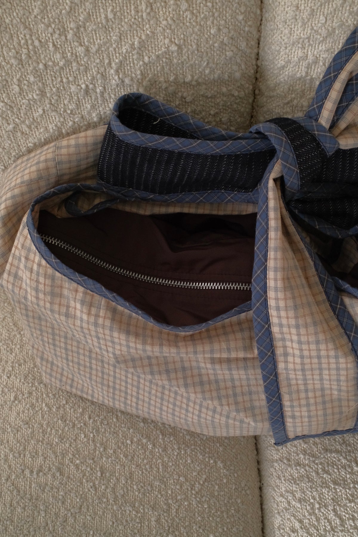Denim and cream check Bow Bag