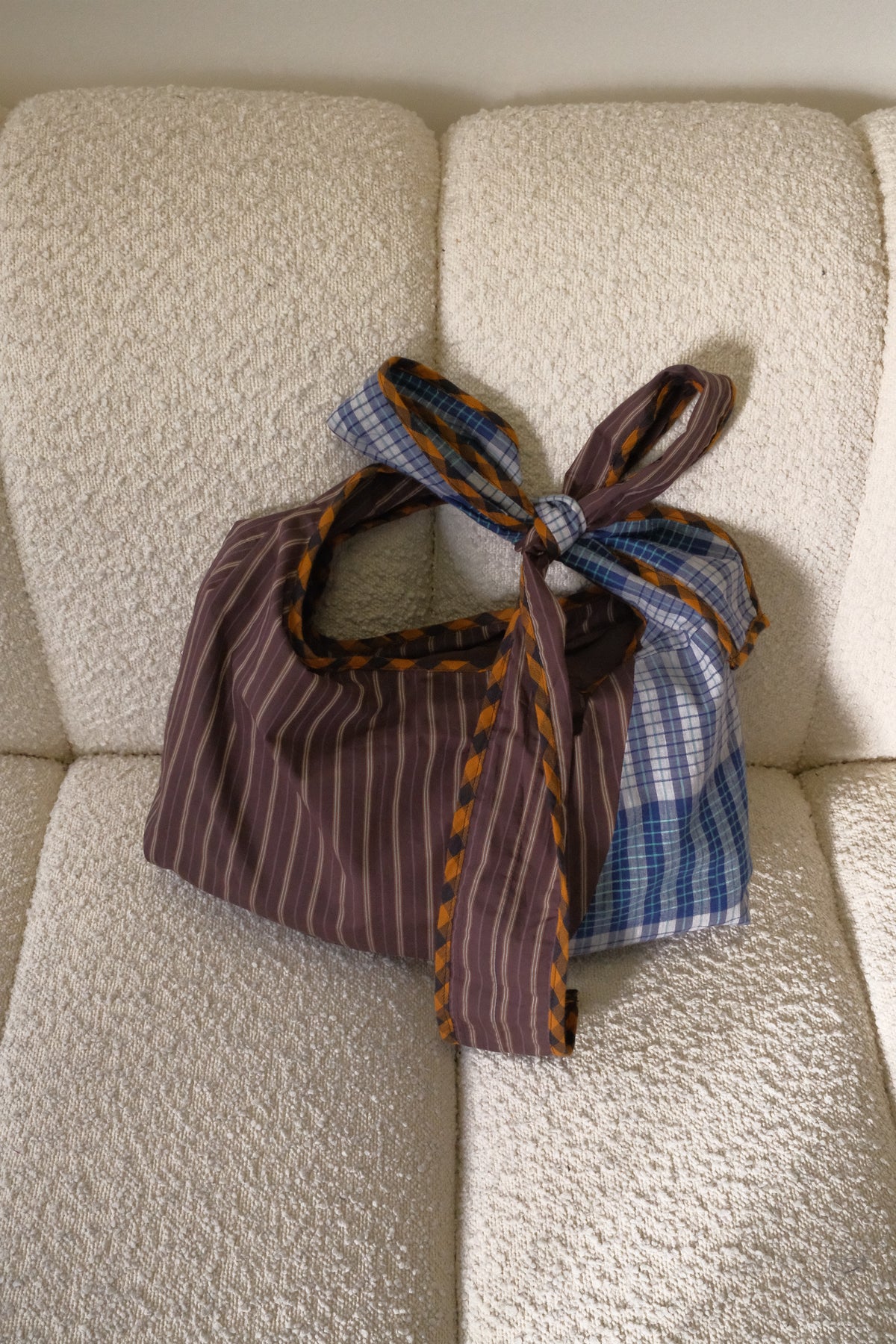 Brown pinstripe and blue hand loom Bow Bag