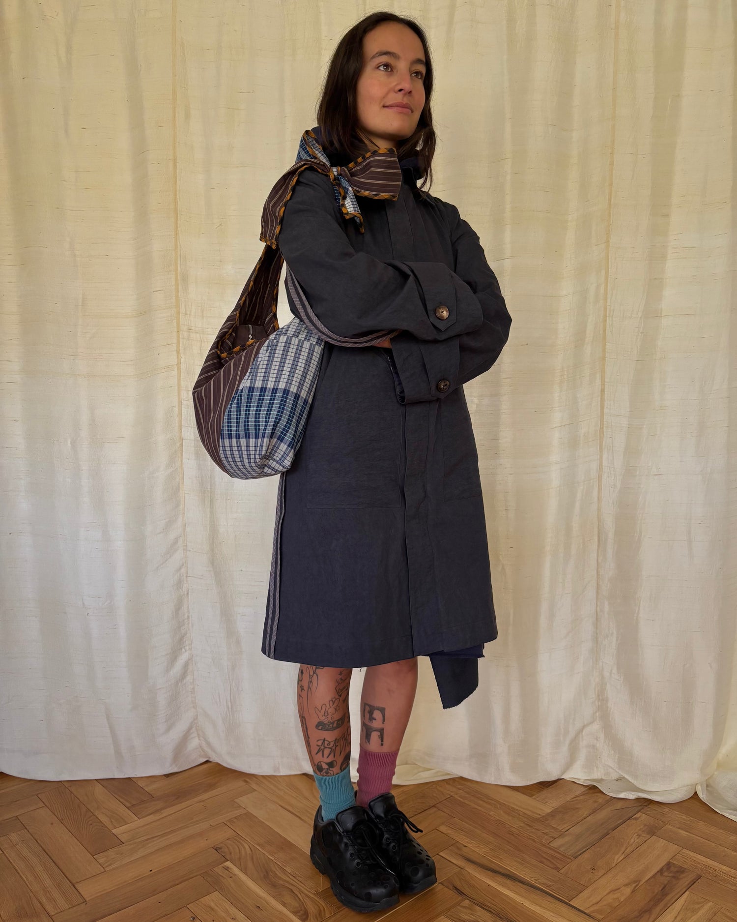Brown pinstripe and blue hand loom Bow Bag