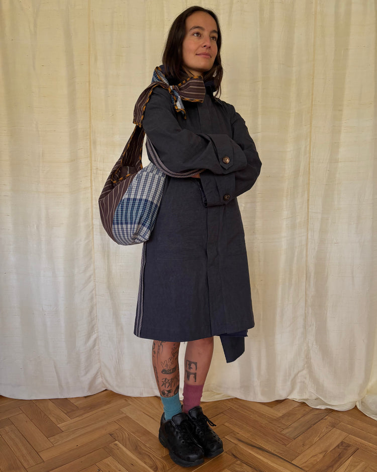 Brown pinstripe and blue hand loom Bow Bag